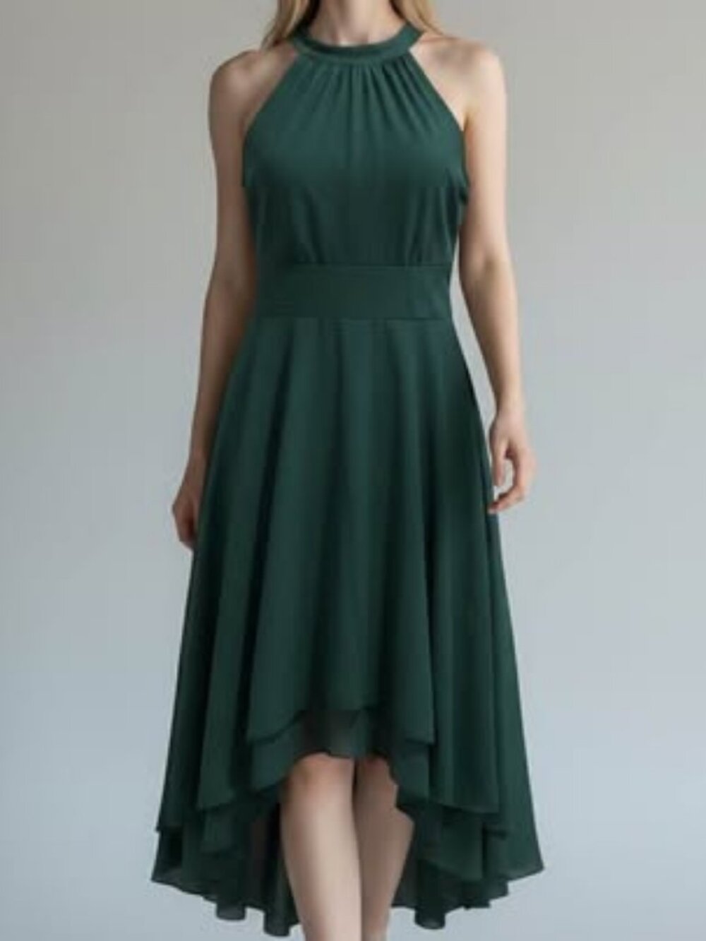 Lamiano Flora Chiffon Halter Midi Dress — Green, High-Low Hem